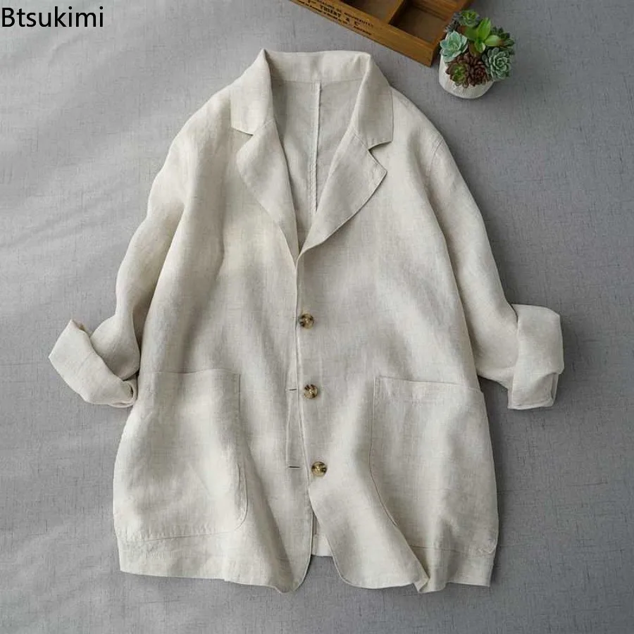 Spring Summer Linen Suit Jackets New Women's Casual Simple Long Sleeve Single Breasted Blazers Comfortable Loose Thin Coats Tops