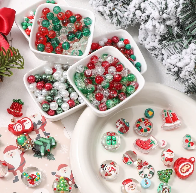 1pc Christmas Elements Hand-Painted Fun Oil Dripping Glass Flat Round Beads Christmas Decoration DIY Jewelry Decoration Crafts