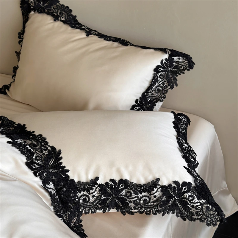 Vintage Black Lace Trim Lyocell Luxury Bedding Set 4Pcs Soft Silky Cooling Duvet Cover Set Queen King Size Bed Sheet Pillowcases view 3
