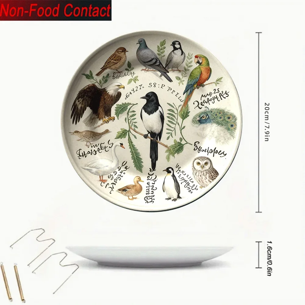1pc Vintage Ceramic Decorative Plate - Hand-Painted Bird & Floral Design, Non-Food Contact, Perfect for Home, Office, or