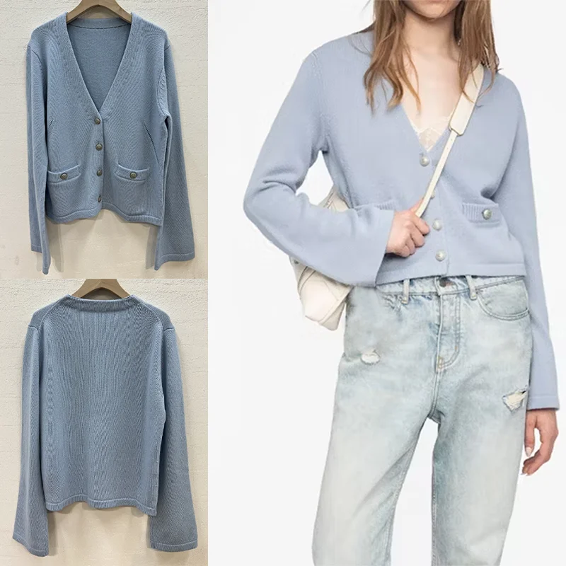 

Female Light Blue V-Neck Cardigan Thin Cashmere Sweater Casual Pocket Grey Jumper Women Cardigans Button Solid Grey Tops