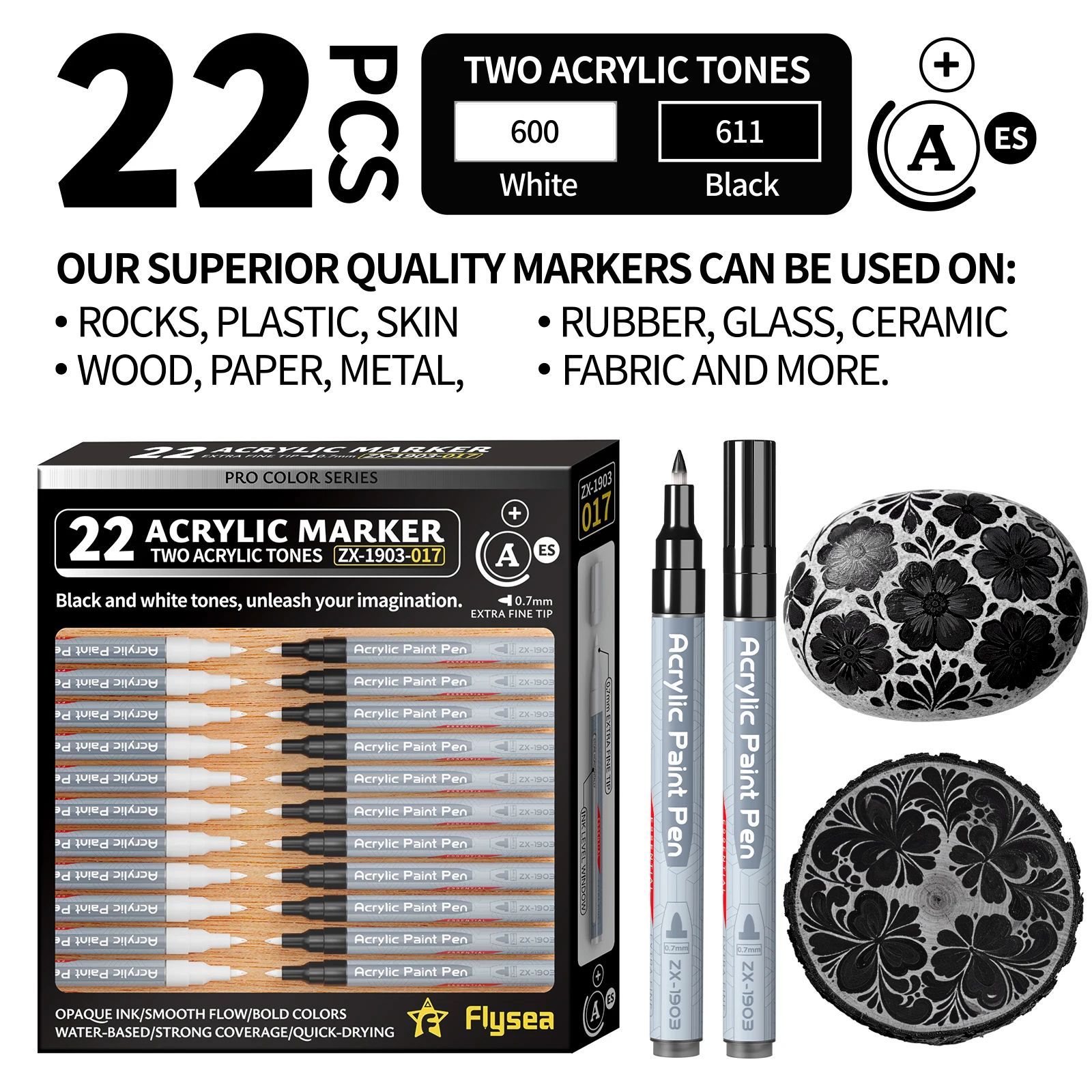Flysea 22-Piece/Set Multi-Color Acrylic Markers, Black and White Gold and Silver Paint Markers, Drawing Pens, Acrylic Paint Markers, Skin Color/Grey/Blue/Macaron/Dopamine/Glitter Series, Fine Tip Markers 0.7 Mm, Stackable Colors, Strong Coverage, Felt-Tip Pen Stationery Set, Student Drawing Anime Supplies, Non-Smudge Hand-Drawn Art Supplies for School and Studio