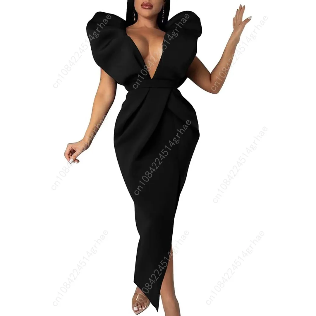 

Women's Sexy Deep V Neck Puff Sleeve Side Split Ruched Backless Gown Dress