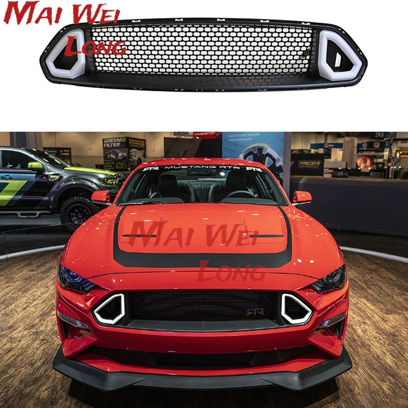 Front Grill Grille For Ford Mustang 2018-2021 RTR Style Bar Black Replacement Car Bumper Vent Hood Mesh Cover W/ White LED Light