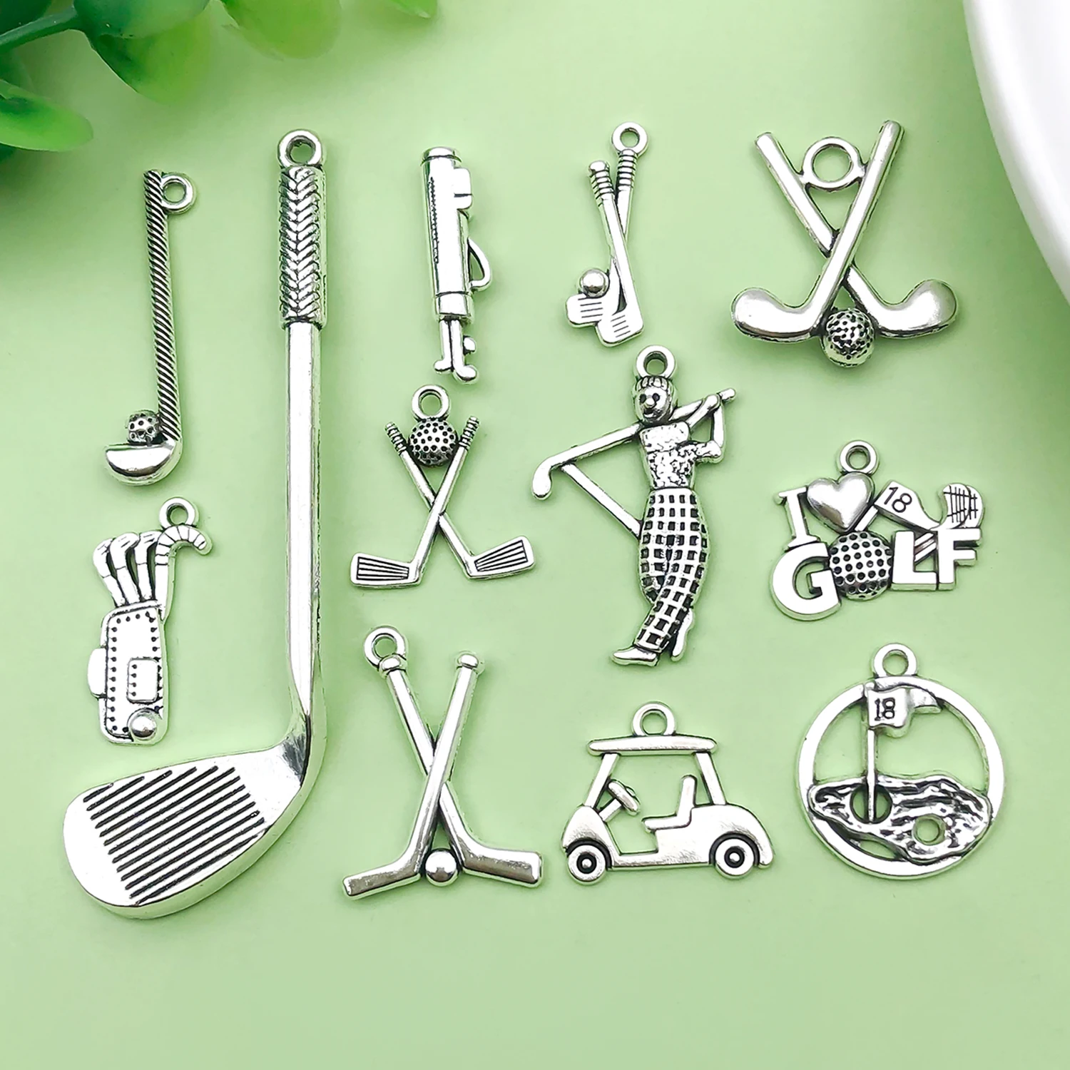 10/12pcs Sports Golf Ball Charms Alloy Clubs, Buckets, Playe