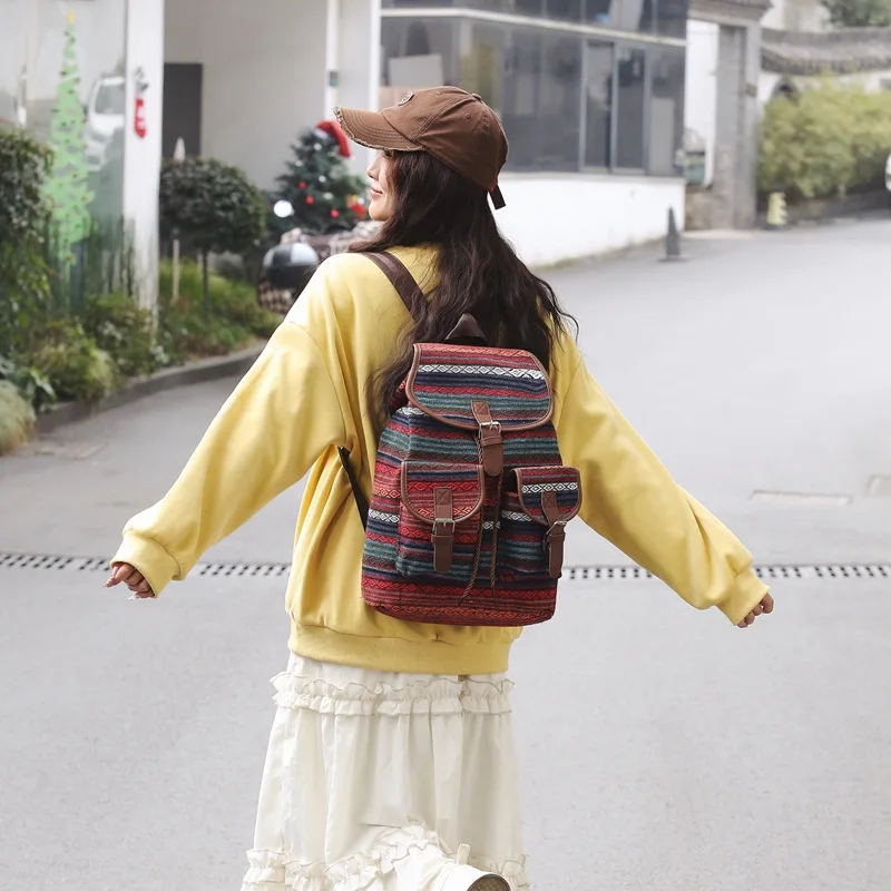 Ethnic Style Canvas Drawstring Bucket Backpack Women Vintage Plaid Large Capacity Casual Travel School Backpack