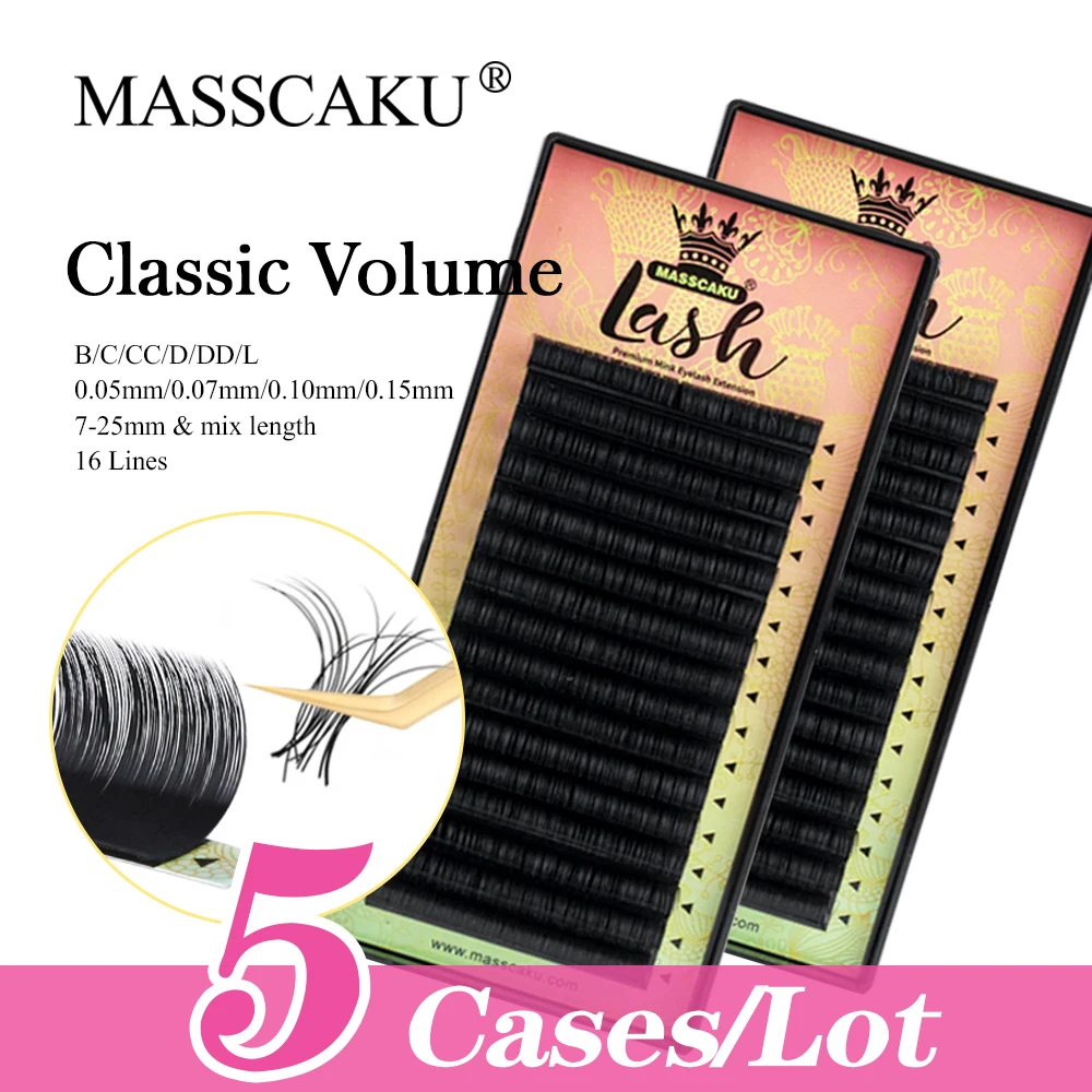 

MASSCAKU 5cases 16 Rows C/D Curl Classic Individual Eyelash Russian Fluffy Premium Matte Black Faux Mink Lashes Extensions