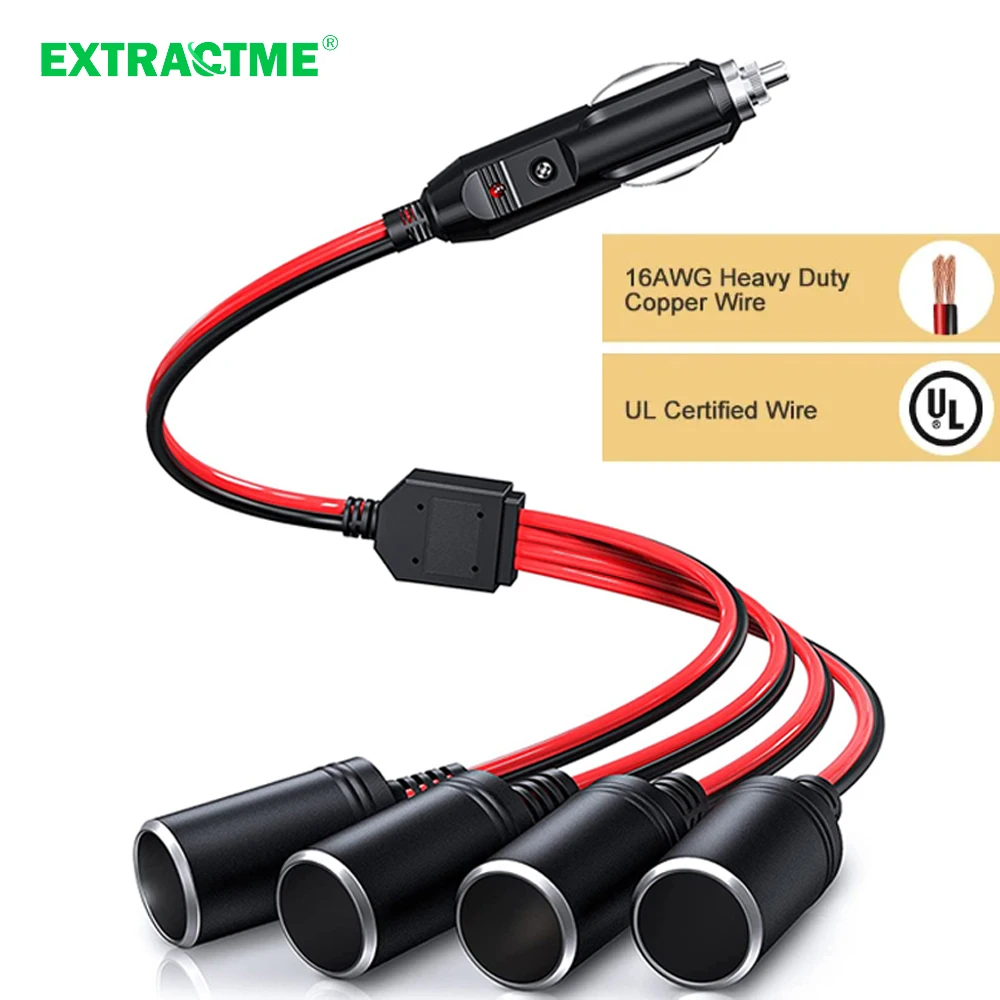 Extractme 16AWG 15A 1 to 4 Car Cigarette Lighter Splitter Adapter Charger Port 12V/24V Cigarette Lighter Extension Cord Cable