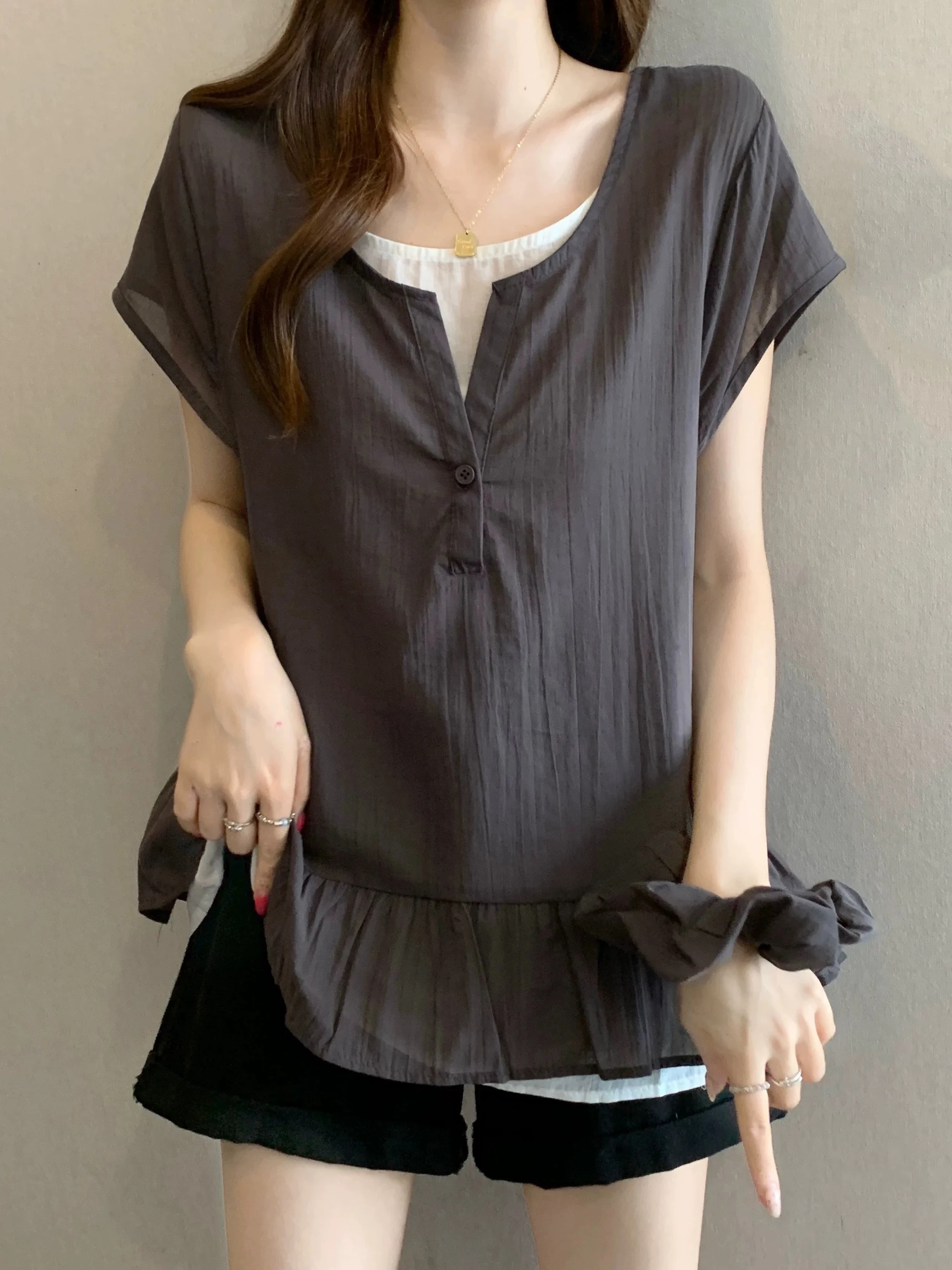 

V-Neck Short Sleeve Shirt Women's Summer New Style Big Size Fat MM Anti-Aging Doll Shirt Upper Body Korean Style Commute Wind
