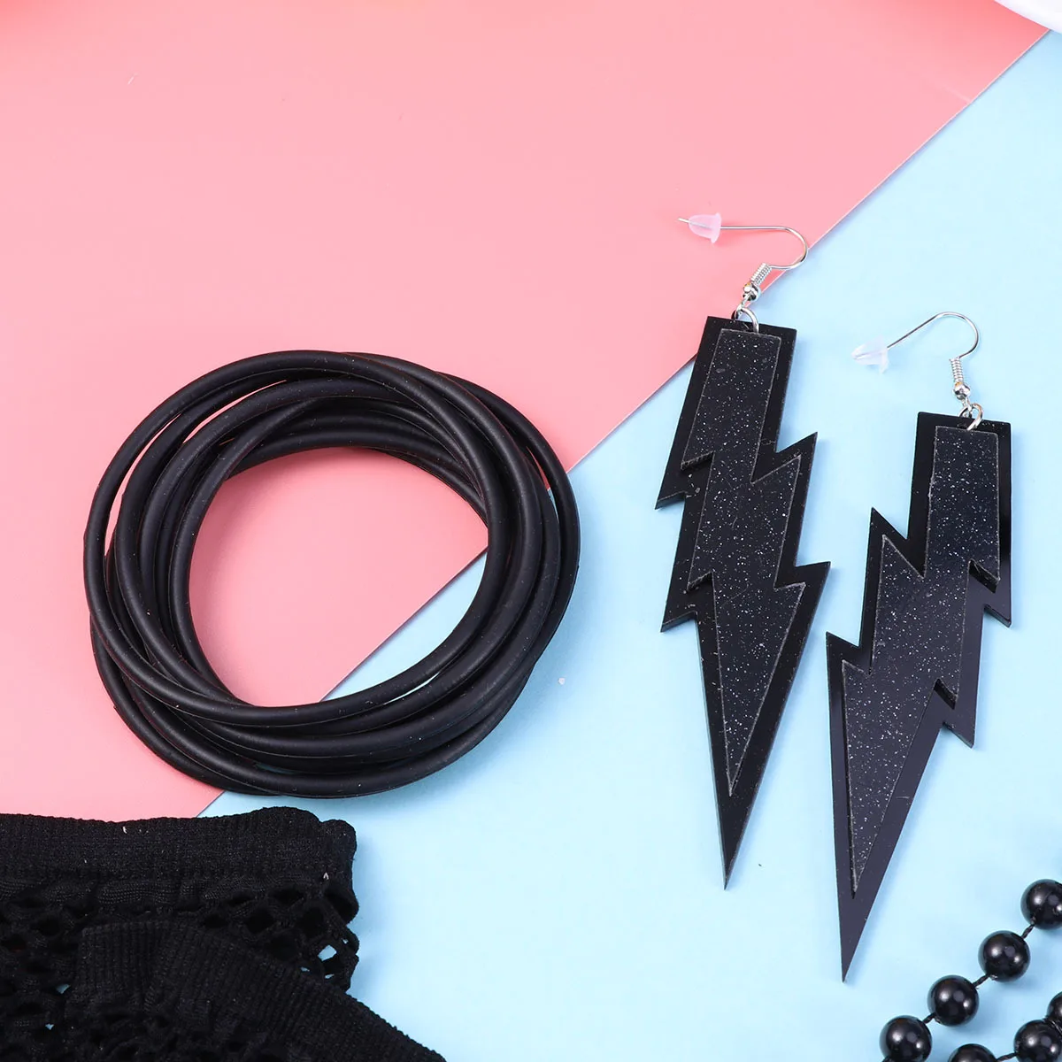 5 ピース 80S コスチュームアクセサリーセット カラフルなブレスレット ネックレス イヤリング レースヘッドバンド 網タイツ手袋 パーティー ハロウィンドレス用