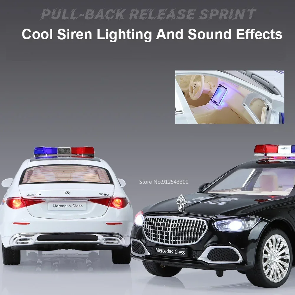 1/24 Maybach S680 Police Car Model Toy Alloy Diecast 6 Doors Opened Shock Absorption Swat Sound Light Vehicle Model for Gift Boy