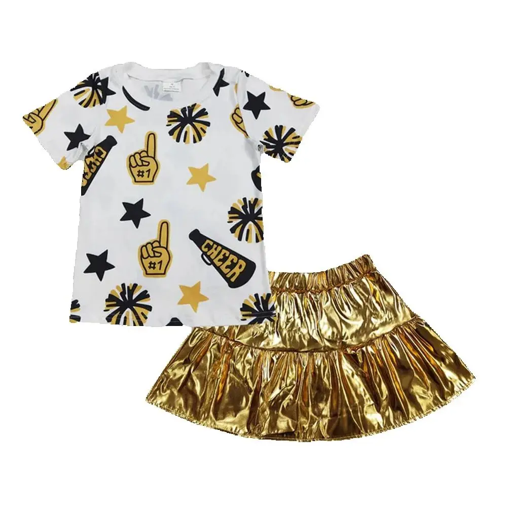 

Hot Sale Baby Girls Clothes Golden Short Sleeve Tops Leather Shorts Sets Fashion Kids Children Clothes Girls Boutique Outfits