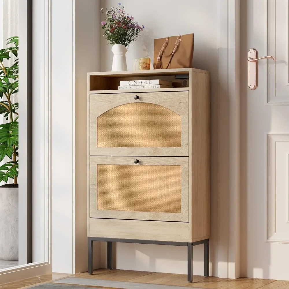 

Shoe Cabinet, Shoe Storage Cabinet with 2 Flip Drawers, Slim Rack with Charging Station for Entryway, Living Room Natural