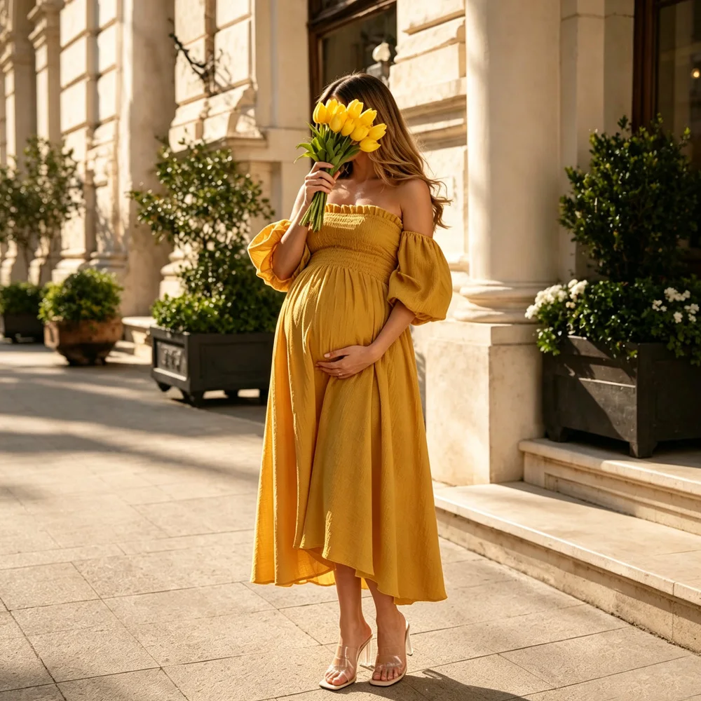Soft Gauze Cotton Maternity Gown Off Shoulder Elastic Top With Bubble Sleeves Dress Breathable Flowly for Pregnancy Photos