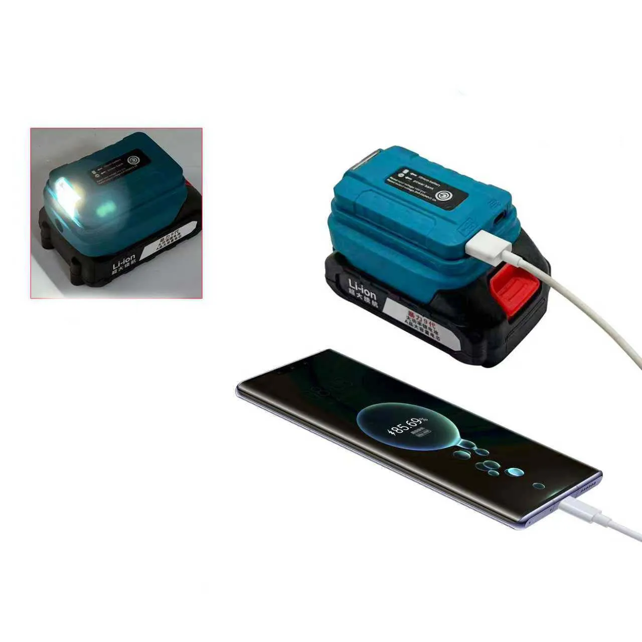 

Адаптер для зарядки аккумуляторов 21В в 5В USB с разъемом DC для BL1830/BL1840, встроенным светодиодным фонариком для зарядки телефонов и планшетов