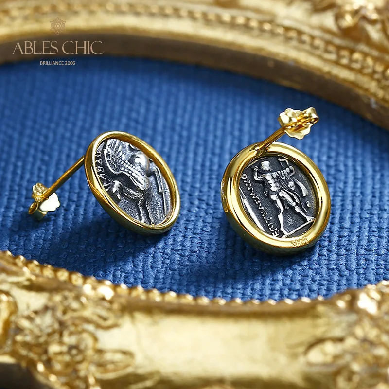 Ables Chic Griffin and Hercules Greek Replica Silver Coins Solid 925 Silver Roman Coin Stud Earrings E1058