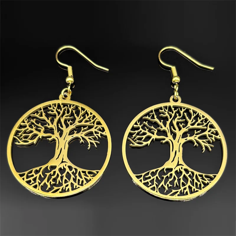 Hollow Tree of Life Drop Earrings for Women Men Stainless Steel Gold Silver Color Plant Dangle Earring Amulet Jewelry Gift