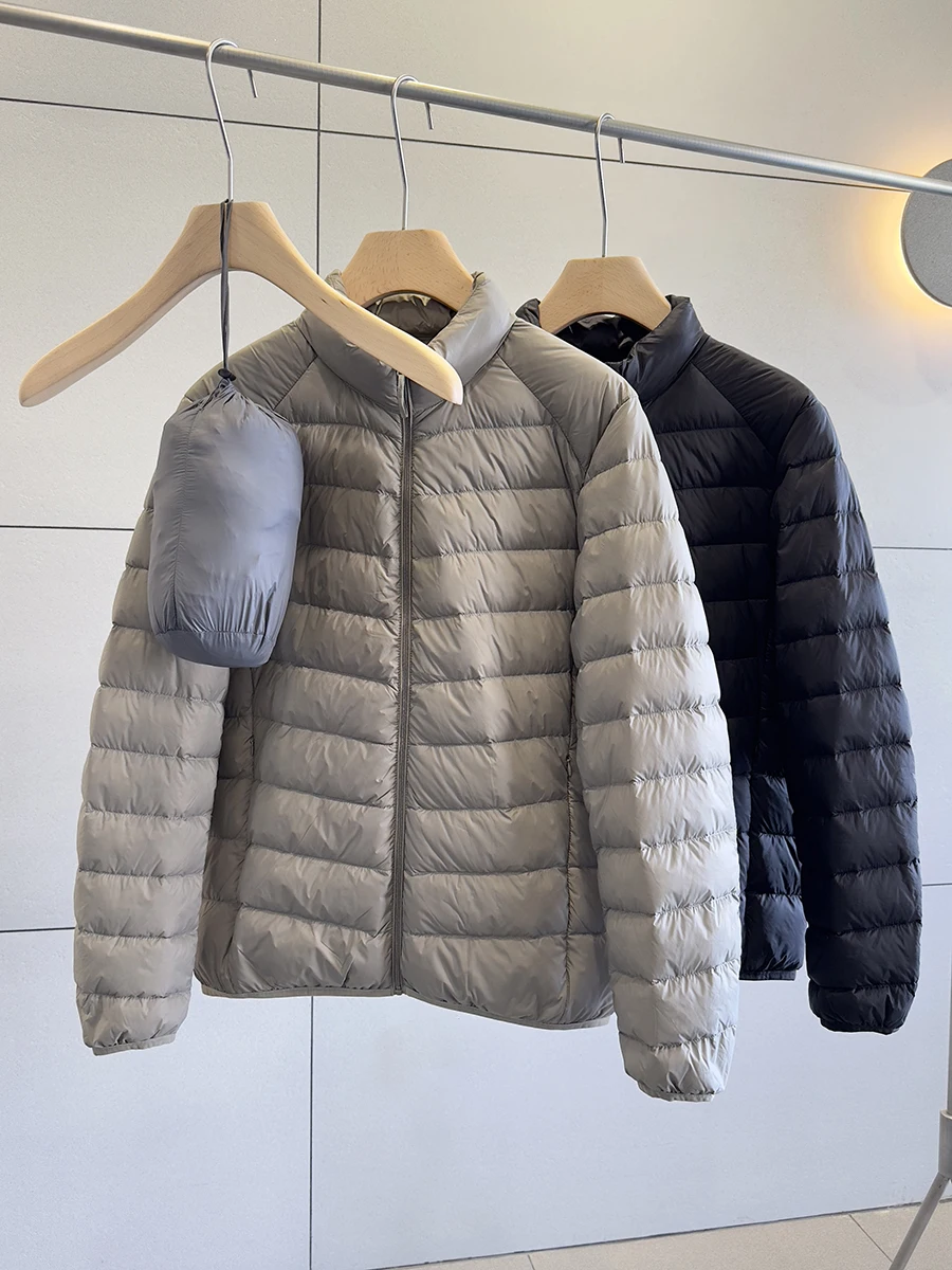 Jaqueta Puffer Masculina Leve e Confortável com 90% de Penas, Tecido Amigo da Pele, Gola Alta, Quente e Simples, em Nylon