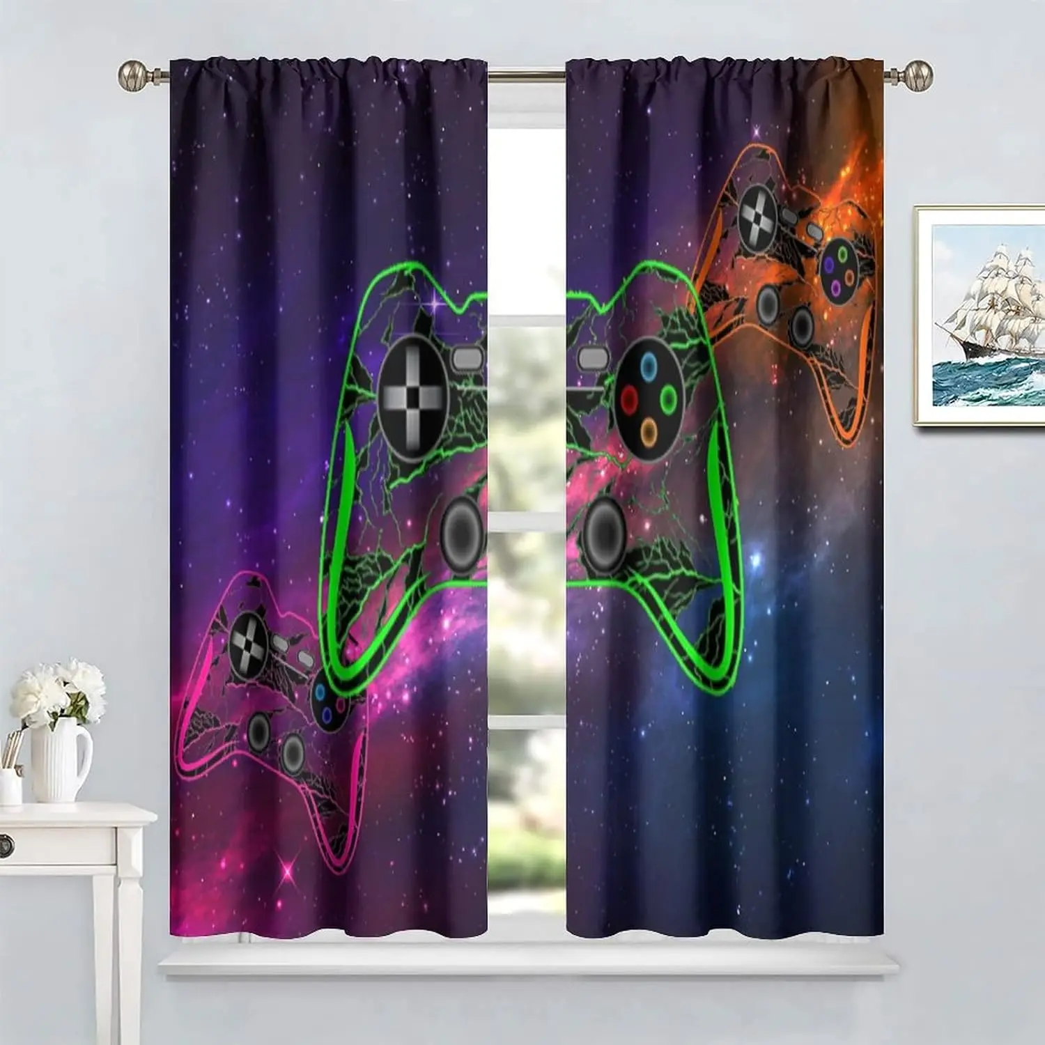 2 Panels Dark Galaxy Game Controller Curtains Neon Cracked Gamepad Starry Sky Print Drapes Teen Boys Gaming Bedroom Window Decor