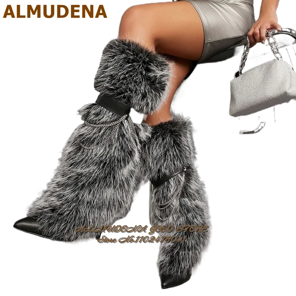 ALMUDENA Black Brown Dense Fur Knee High Boots Thin High Heel Pointed Toe Plush Warm Dress Shoes Belt Metal Chain Decor Boots