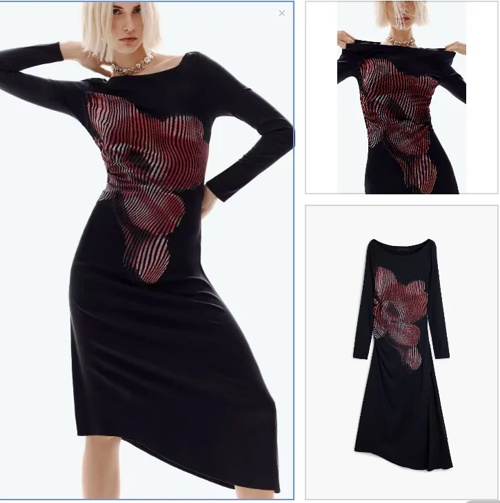 Spanish Original Single Multi-Color Fashionable, Floral Printed Waist-Cinching Women's Long-Sleeved Dress For Export-image