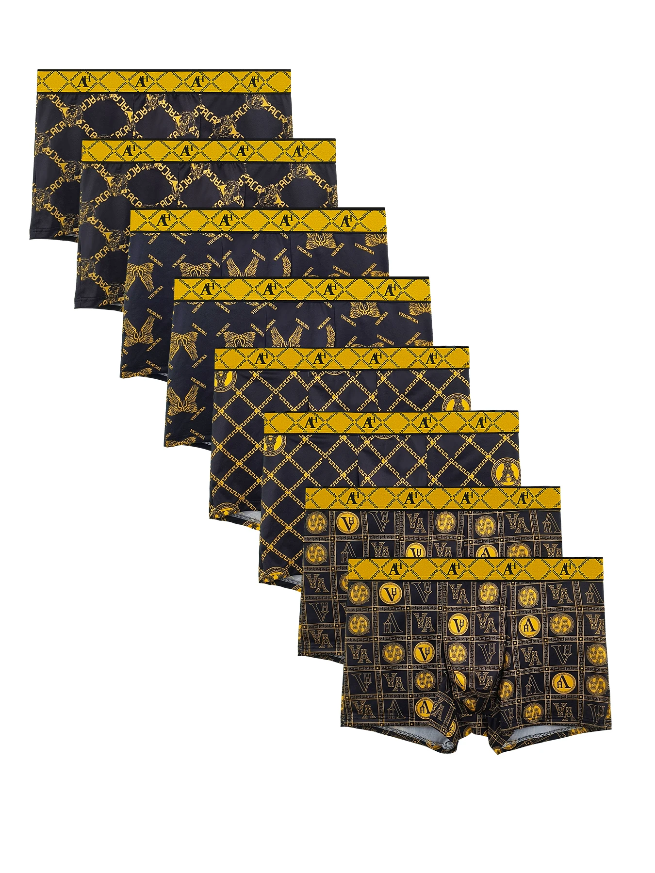 سراويل داخلية للرجال مكونة من 8 قطع من الحرير الجليدي - مطبوعات فاخرة منقوشة بالذهب مع حزام خصر بشعار "A+"، طقم ملابس داخلية باللون الكحلي الداكن #1