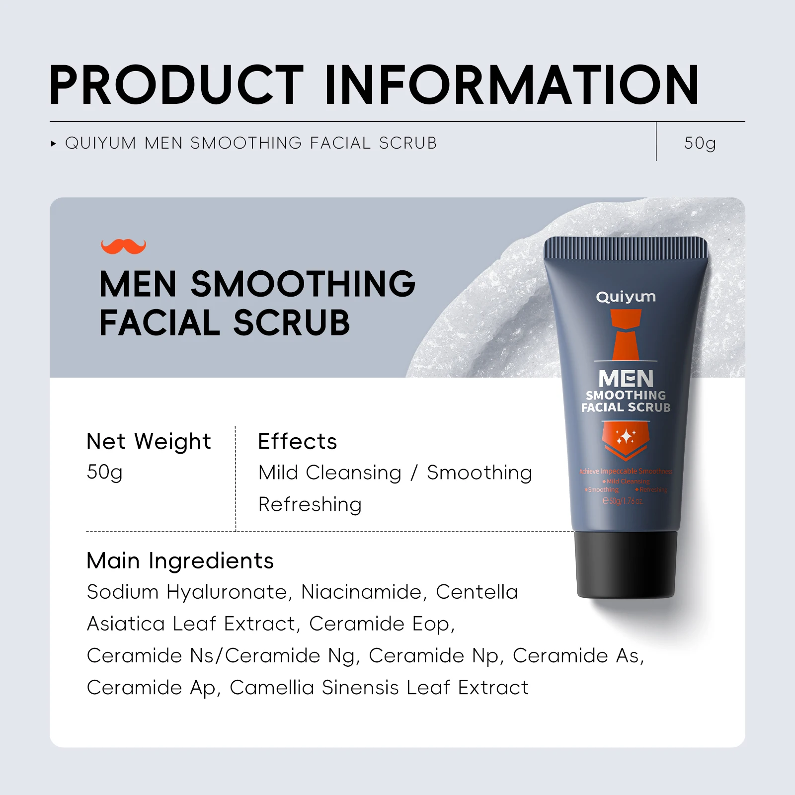 Quiyum Men Smoothing Facial Scrub 50g Mild Cleansing Refreshing with Multi-Ceramides, Niacinamide & Centella for Men’s Skin