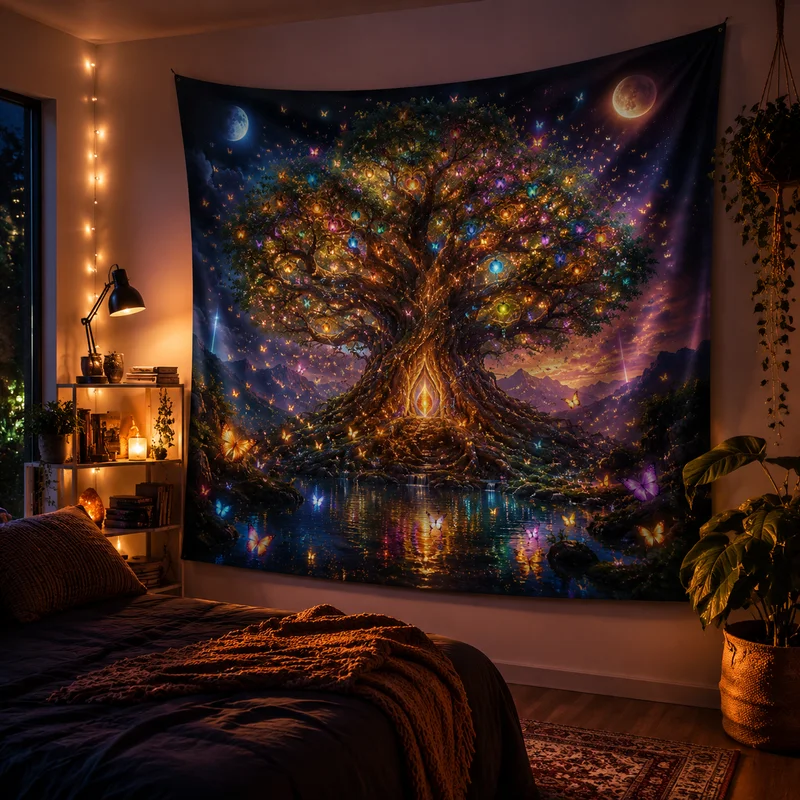 VIKAMA Double Moon Colorful Tree of Life Tapestry Giant Tree Colorful Ball Root and Stem Light Door Mirror Lake Room Decoration