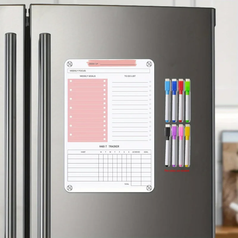 1pc Magnetic Refrigerator Planning Board，Reusable Weekly Goal Dry Erase Whiteboard，Habit Tracking Sheet，Weekly updates-To-do lis