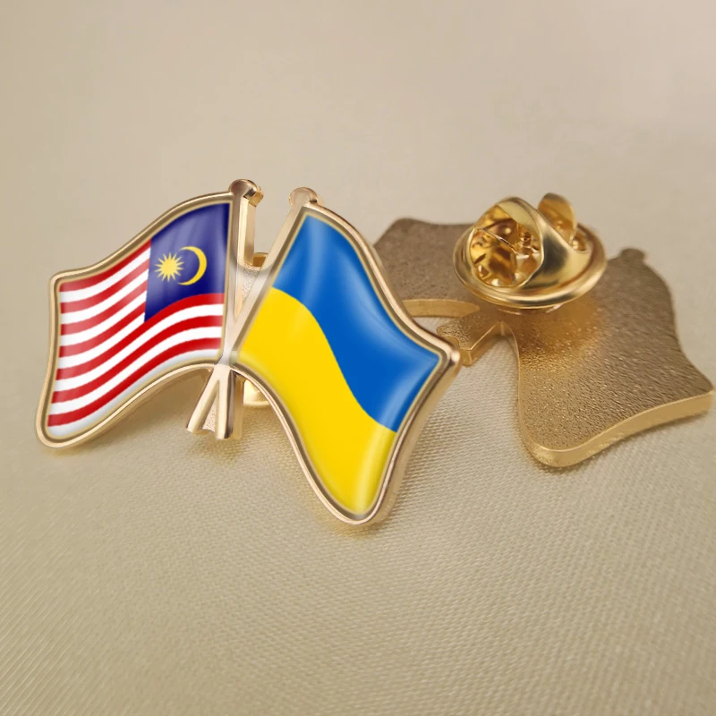 Malaysia and Ukraine Crossed Double Friendship Flags Lapel Pins Brooch Badges