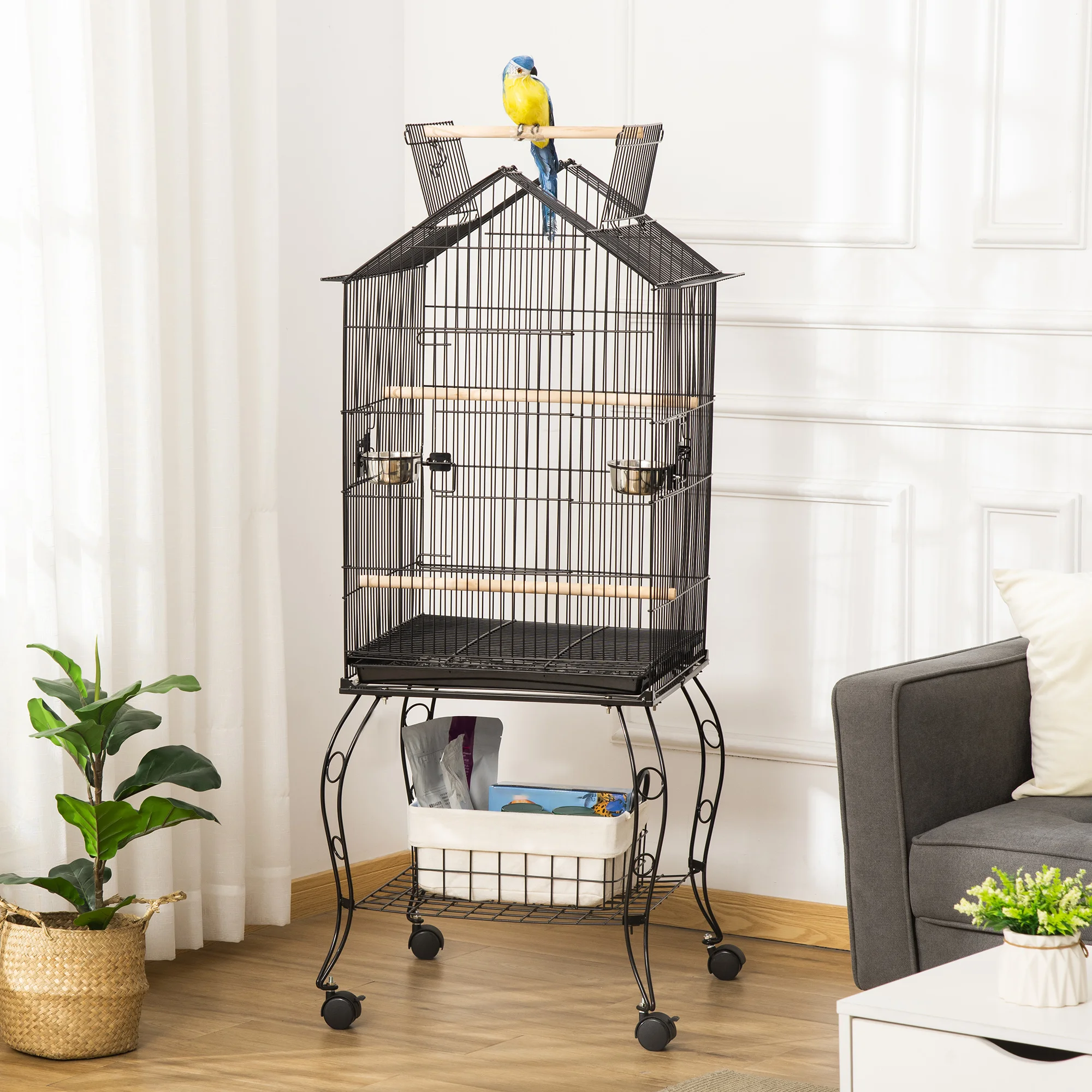 PawHut Birdcage 50x58x145 cm with 3 doors 2 feeders 3 hangers