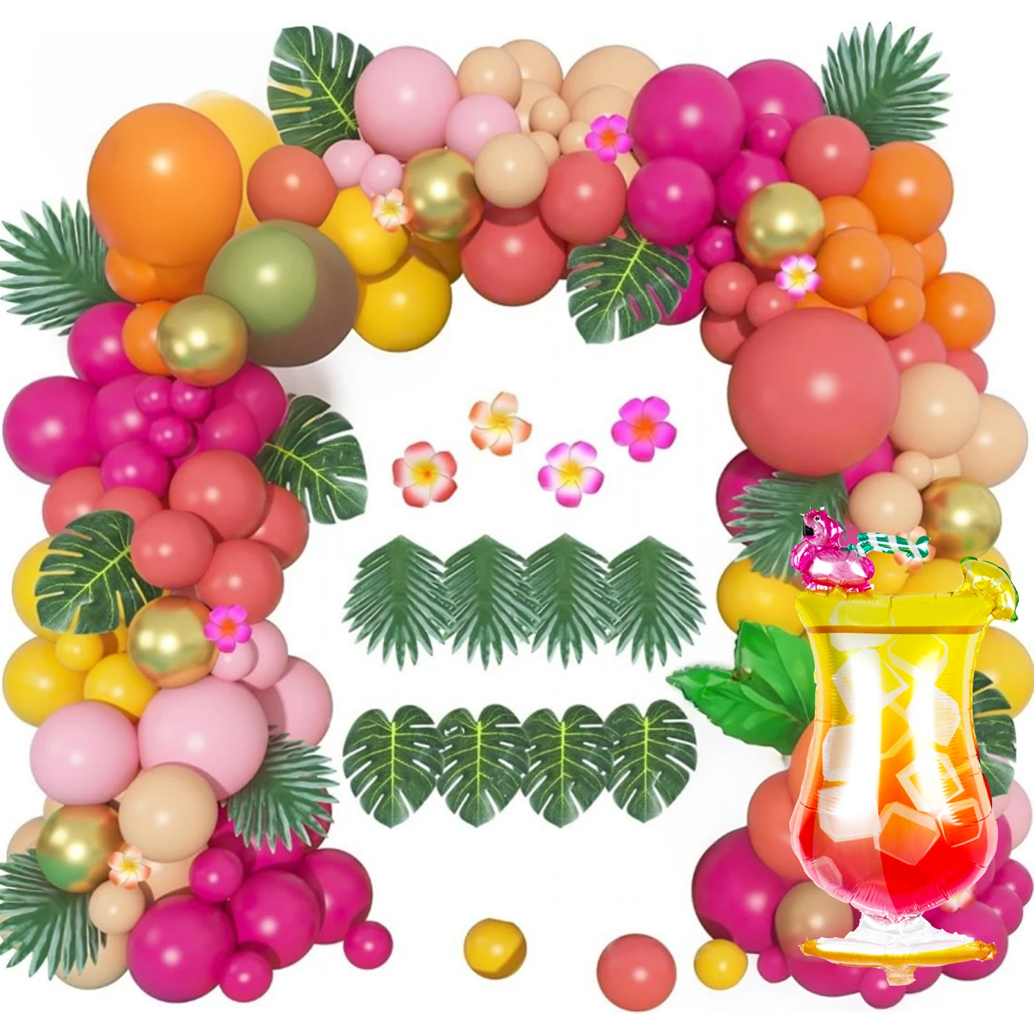 Juego de decoración de arco de globos tropicales, decoración de fiesta con estilo hawaiano, piña, coco, rosa, azul aguamarina, globo para cumpleaños
