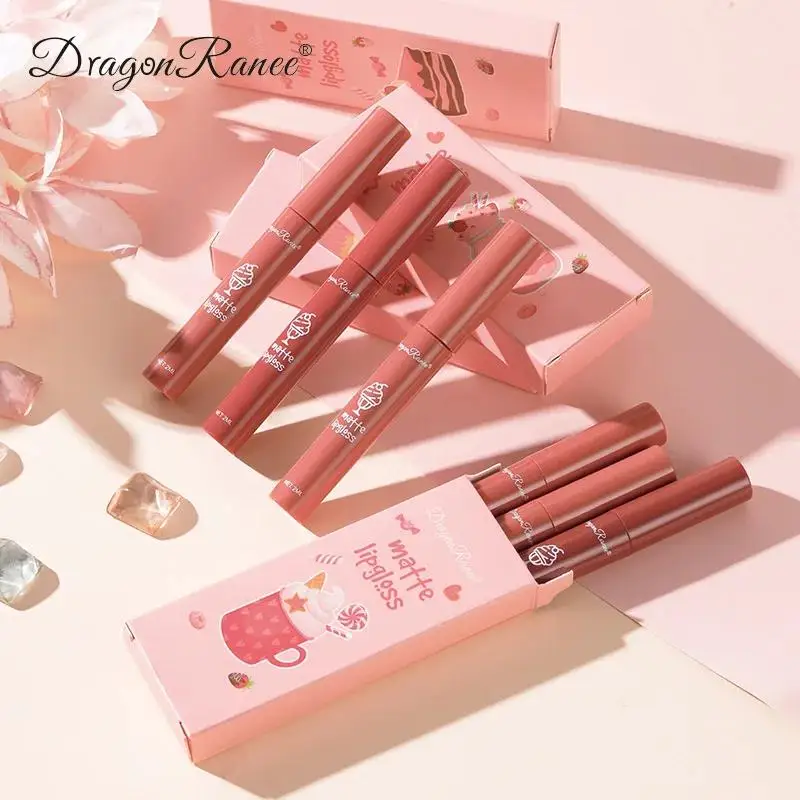 Dragon Ranee 3-teiliges mattes Lipgloss-Set, samtiger flüssiger Lippenstift, nackte Lippenglasur, wasserfest, langlebig, nicht klebrig, Lippen-Make-up-Set