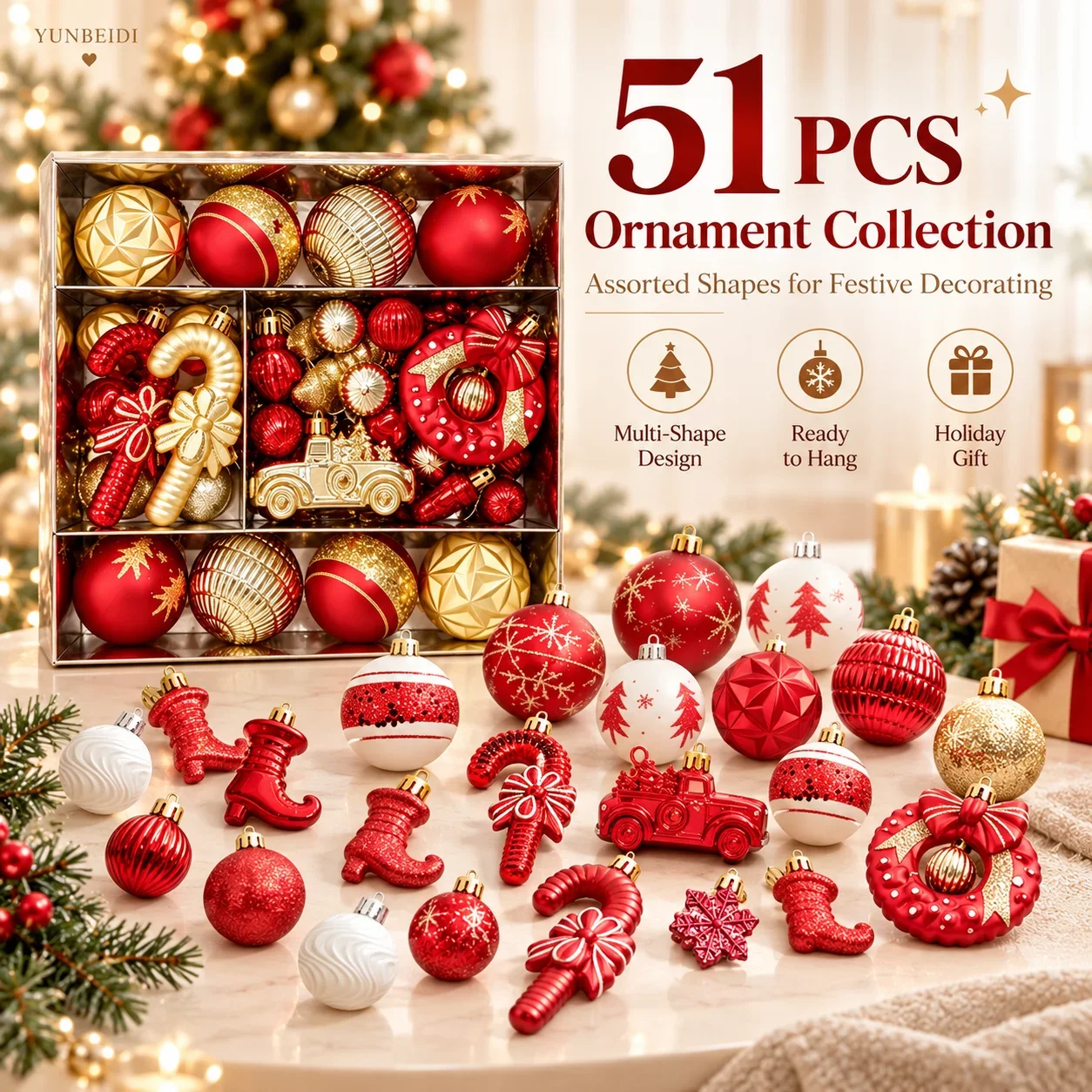 51PC Christmas Balls Set Plastic Hanging Decor Balls Candies Walking Sticks Boots Car Ornaments Christmas Trees Home Party Decor