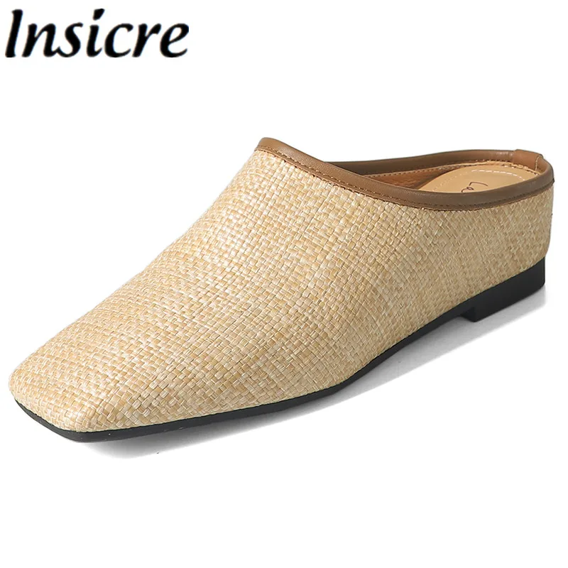 Insicre 2024 Fashion Mules Grass Weaving Mid Heels Square Toe Women's Pumps Handmade Slippers Summer Shoes