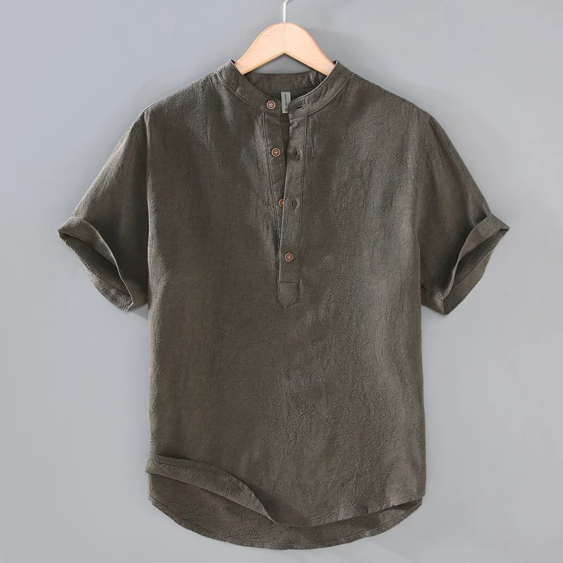 2025  Summer new men's casual pullover stand up collar Tencel breathable and versatile short sleeved shirt made of ramie