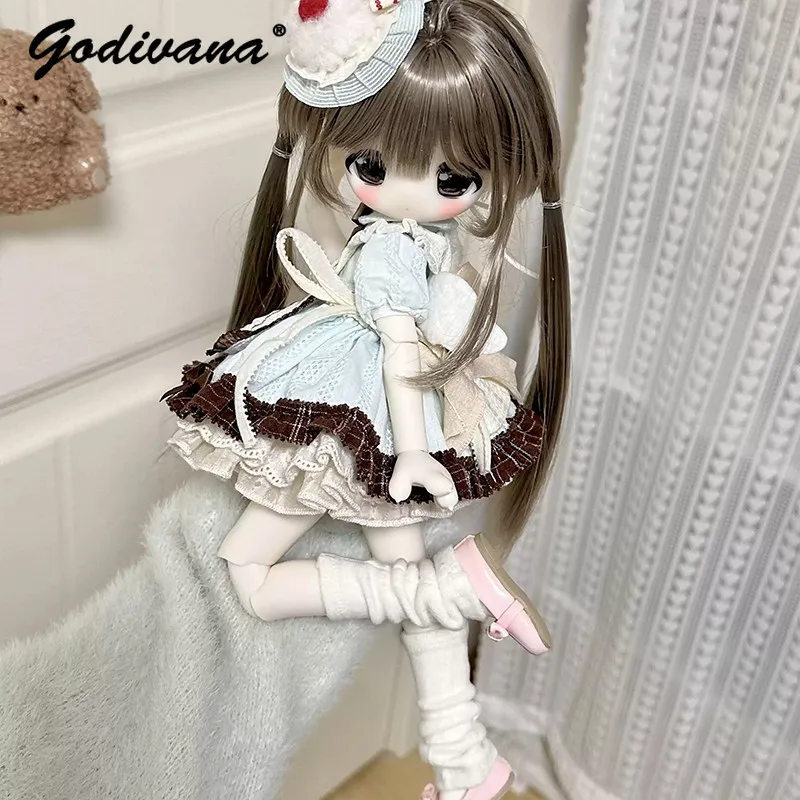 Original Sweet Pastorale Lolita BJD Doll Outfit Puff‑Sleeve Dress with Embroidery Apron Brown Lace Ruffle Hem for 1/6 BJD Doll