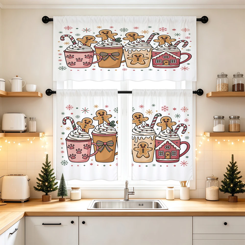 Christmas Kitchen Curtains, Gingerbread Hot Cocoa Cup, Digital Print, Kitchen Dining Room, Rod Pocket Polyester, Home Decor