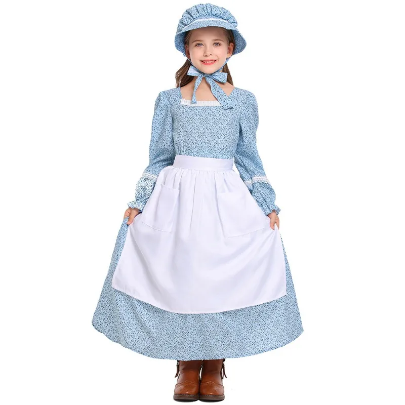 Carnival Cosplay Costumes Pink Blue Floral Long Skirt Apron Headscarf Suits Festival Theme Party Role Playing Outfits for Girls