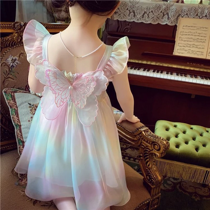 1-8 Years Cute Girls Princess Dress Summer New Gradient Rainbow Bow Decoration Sip Dress For Kids Party Prom Gown