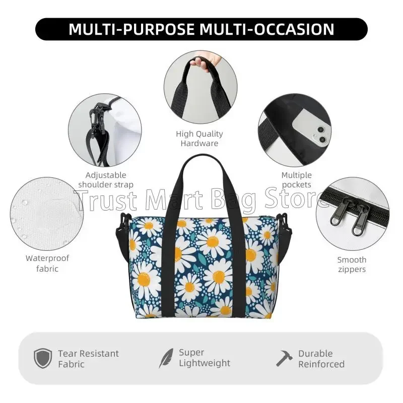 Bolsa de viaje de margaritas y flores para mujer, bolsa de mano de equipaje de gran capacidad, impermeable, para entrenamiento nocturno