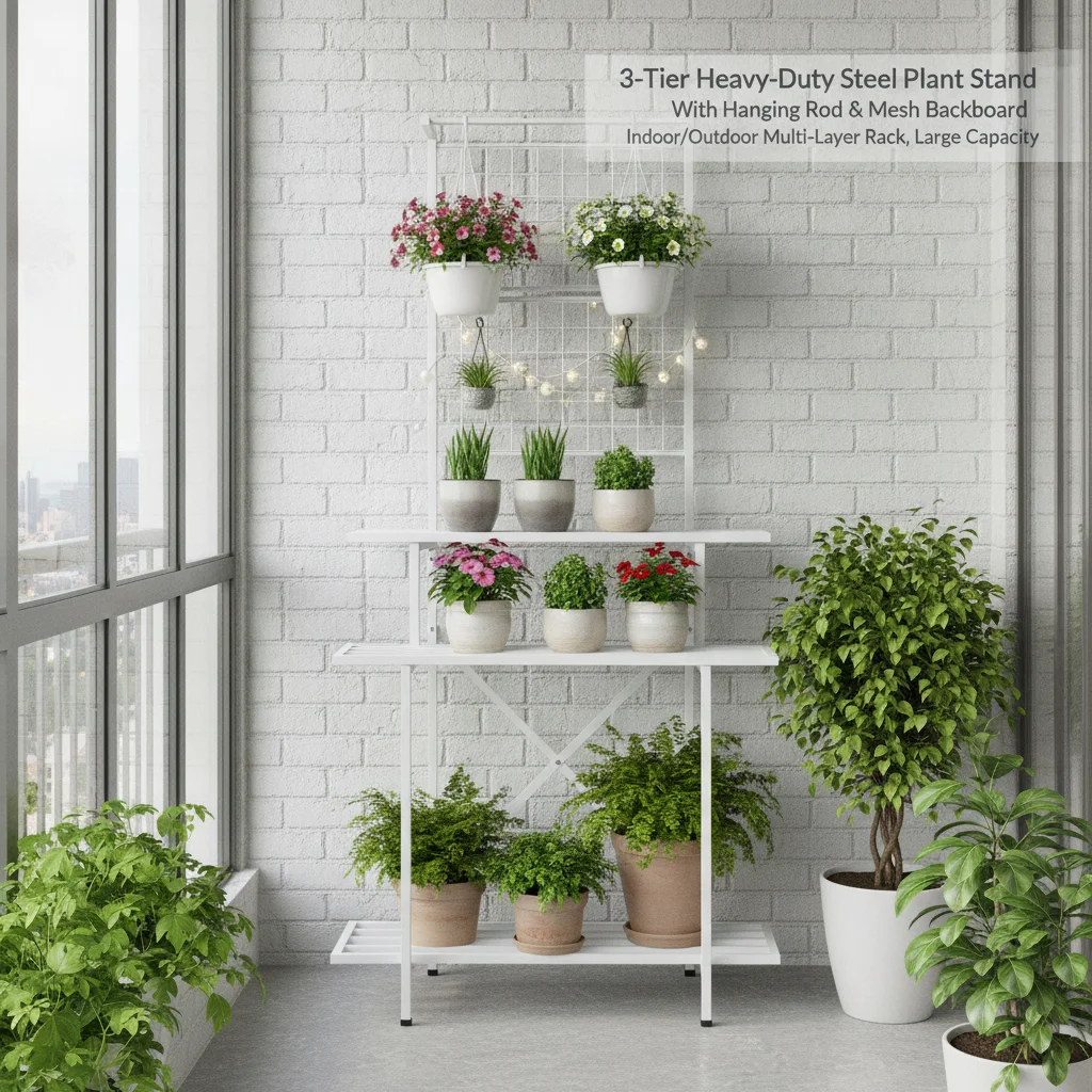 3-Tier White Plant Stand 90x46x200cm, Heavy Duty Steel Flowe