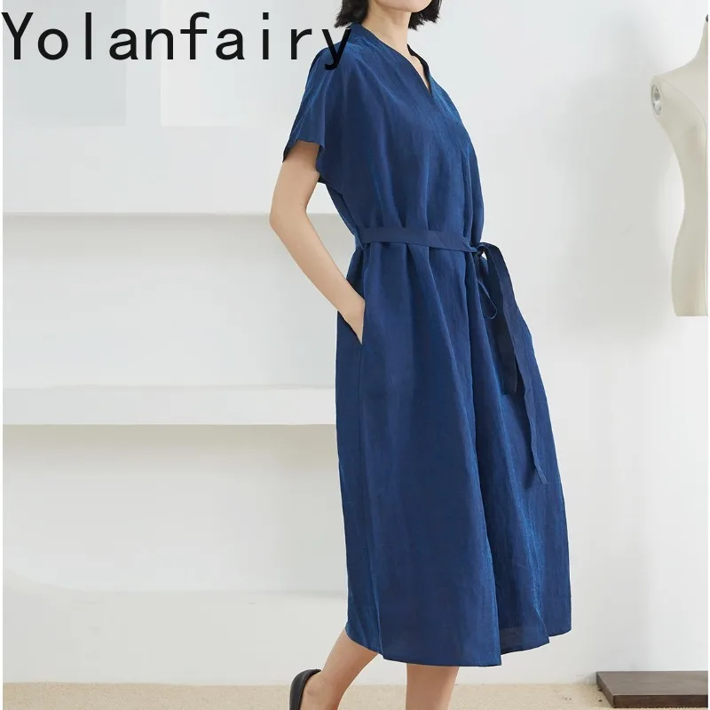 YOLANFAIRY Women Summer Silk Maxi Dress 100%Mulberry Silk Crack Texture Gambiered Dresses V Neck Short Sleeve Elegant Long Dress