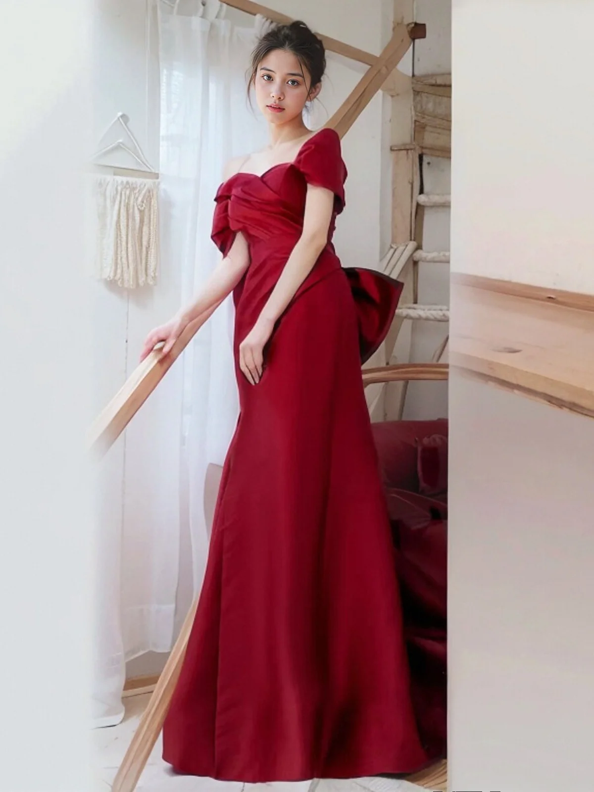 

Wine Red One-oulder Fi-Tail Wedding Dr Knot Long Evening Gown Slimming Effect Wedding Reception Dr