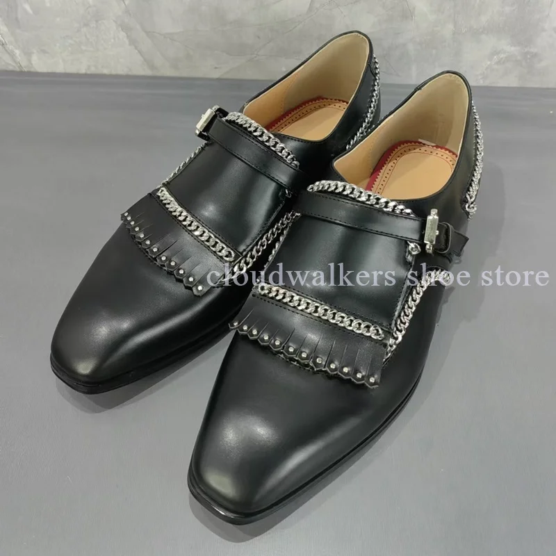 Luxury Handmade Metal Chain Buckle Decor Black Square Toe Loafers Fashion Slip On Party Banquet Leather Shoes Office Dress Shoes