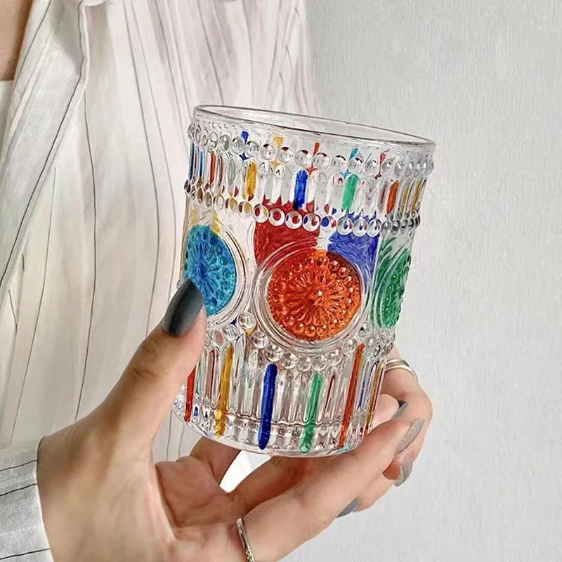 Hand-Painted Rainbow Retro Sunflower Glass High-Value Ins Relief Home Living Room Drinking Fruit Tea Coffee Cup