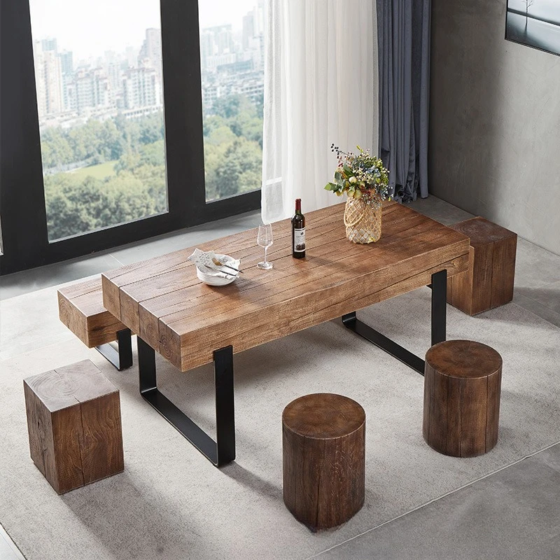 Wrought iron wood combined dining bench stump desk hotel reception stump seat pier catering casual tea table
