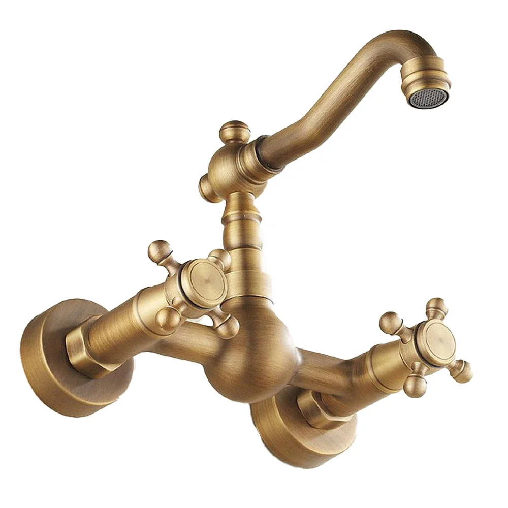 Imagem -04 - Antique Brass Wall Mounted Kitchen Sink Faucet Tap Mixer Bica Giratória Dupla Cruz Alças Atf002