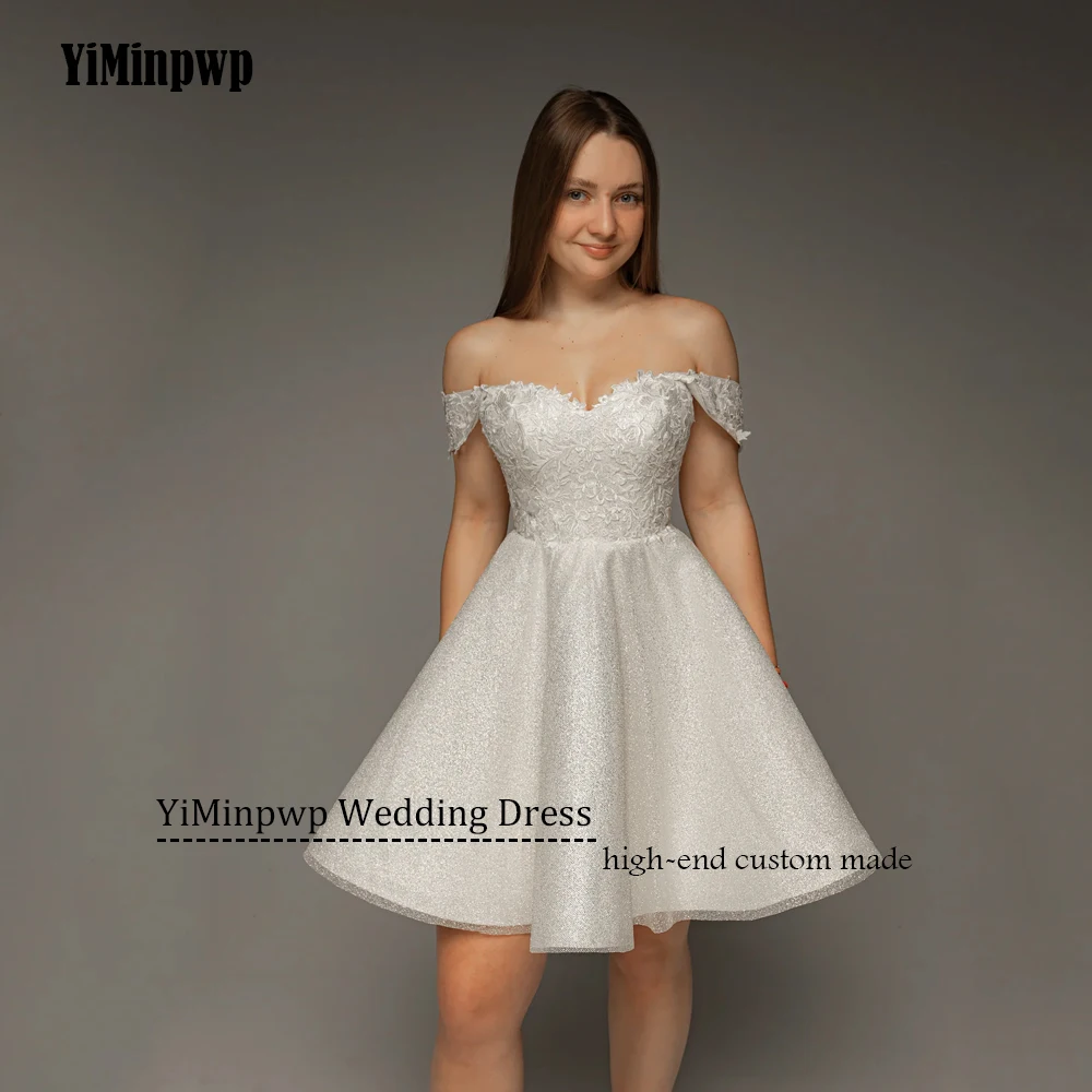 반짝이는 아플리케 웨딩 드레스 오프 숄더 스위트하트 코르셋 짧은 신부 가운 여성용 로브 드 마리에 맞춤 제작