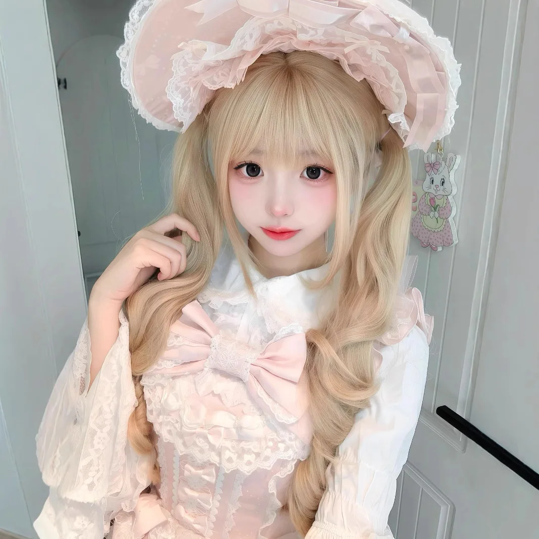 Platinum Blonde Synthetic Lolita Double Ponytail Wig with Natural Bangs, Roman Curls, Cosplay Party Hair for Fashion Influencers